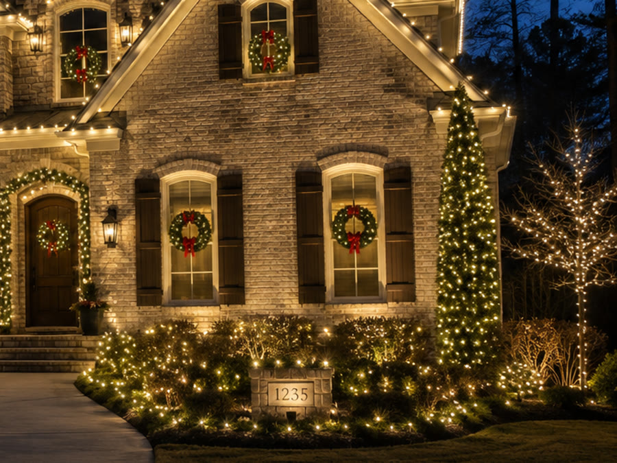 Windows framed with lit wreaths, garland and a glowing wrapped evergreen