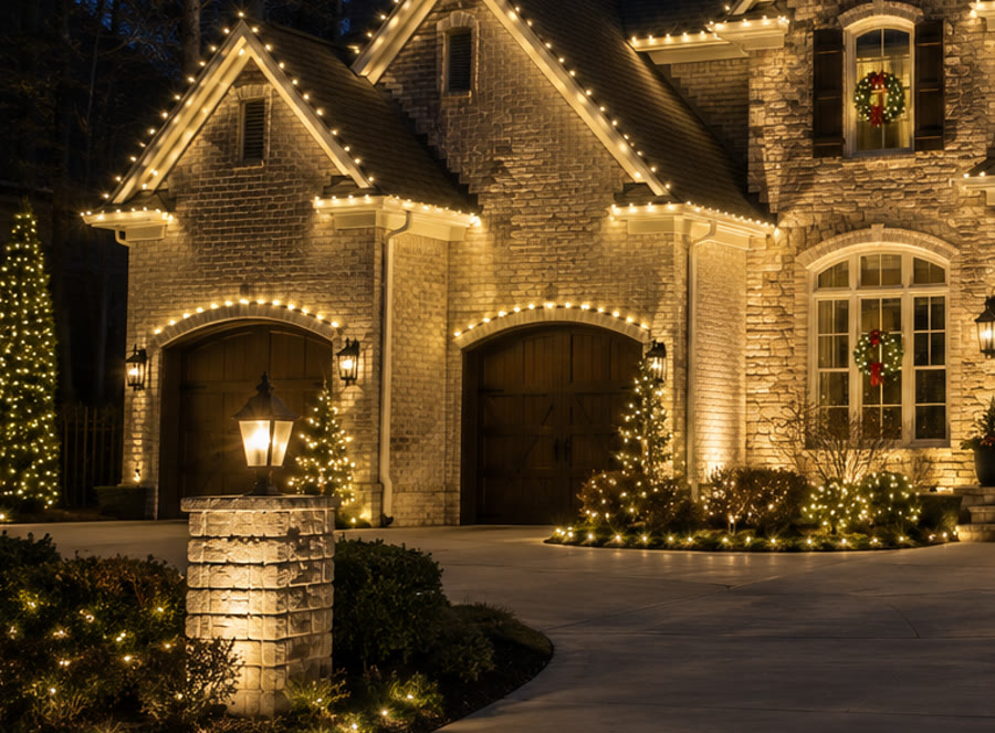 Garage rooflines outlined in lights with wrapped trees and lantern post