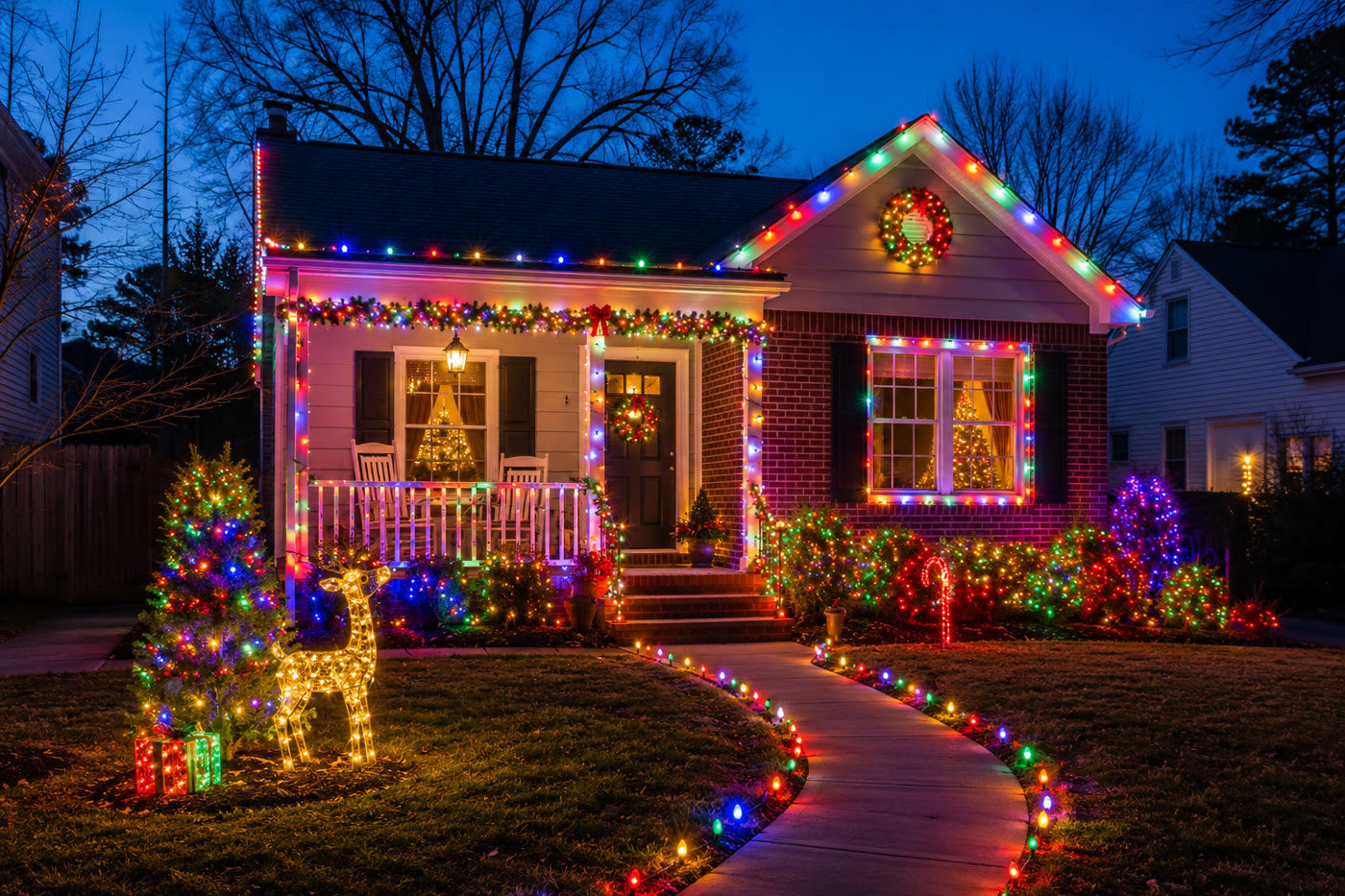 Charming cottage lit with colorful lights, wreath, wrapped trees and pathway lighting
